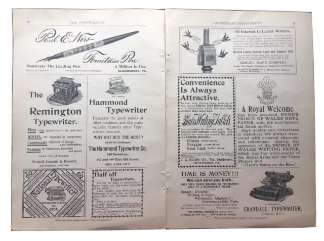 1893 Typewriter Fountain Pen Paper Vintage Print Ad Writers Instruments 2 Pages