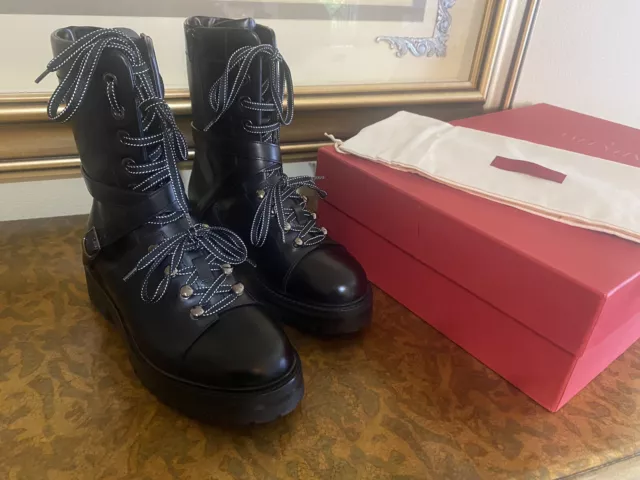 Valentino Garavani Combat Leather Mid Calf Black Boots Size 8.5