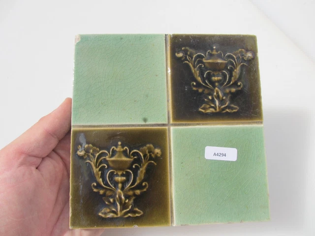 Antique Ceramic Tile Vintage Floral Art Nouveau Flowers Old Leaf