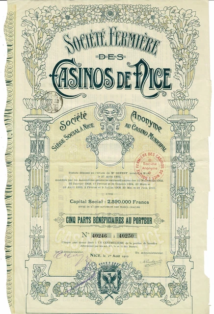 Casinos de Nice - 1910 - 5 Parts Bénéficiaires ( Art Nouveau Jugendsti design ) Casinos de Nice - 1910 - 5 Parts Bénéficiaires ( Art Nouveau Jugendsti design )