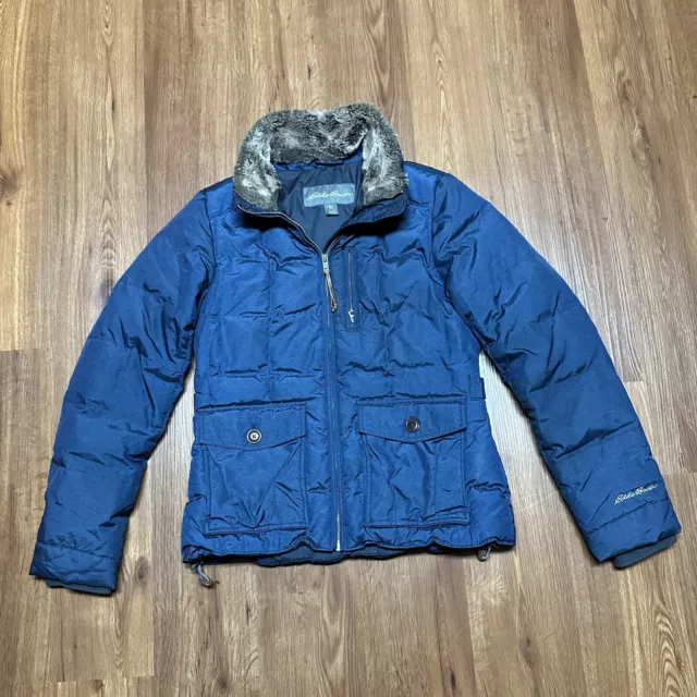 EDDIE BAUER QUILTED Puffer Jacket Small Blue Polyester Goose Down ...
