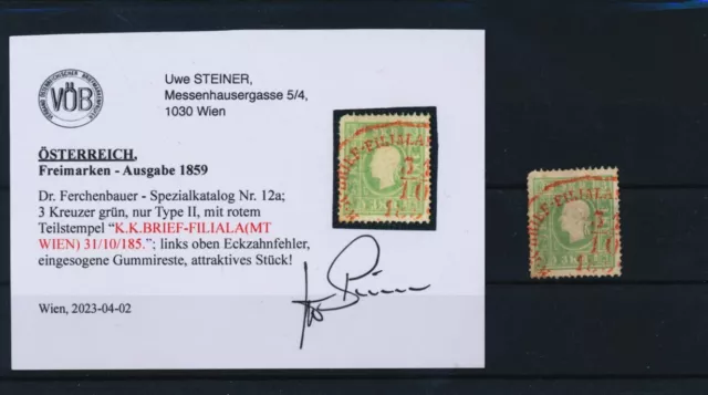 ÖSTERREICH 1859 3kr, grün, Nr.12a ROTSTEMPEL K.K.BRIEF-FILIALAMT/WIEN. VÖB!