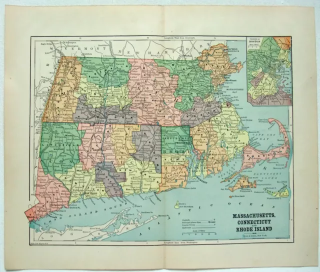 Massachusetts, Connecticut & Rhode Island - Original 1891 Map by Hunt & Eaton