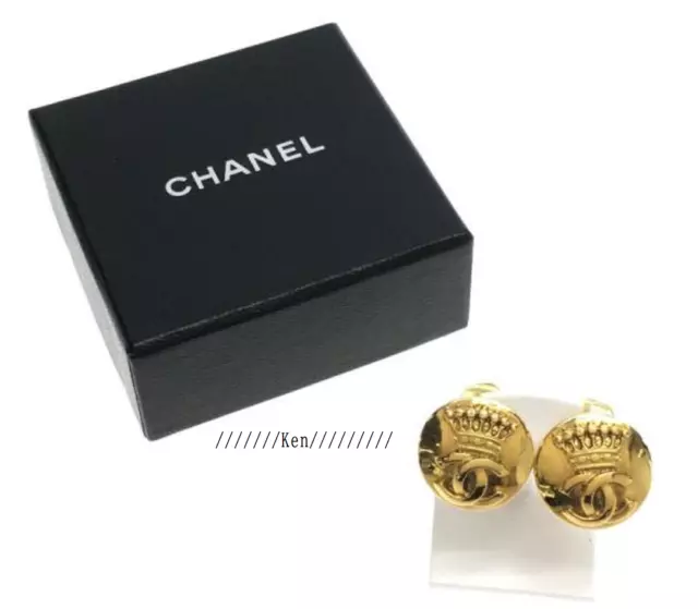 CHANEL EARRINGS AUTH Coco Logo Mark Vintage Gold CC Rare Crown Medal ...