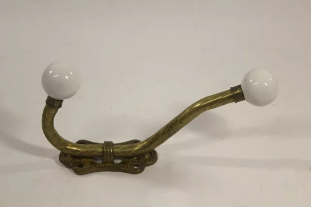 Brass and Porcelain Wall Mounted Coat Hooks 2 hooks 6 Inches Large