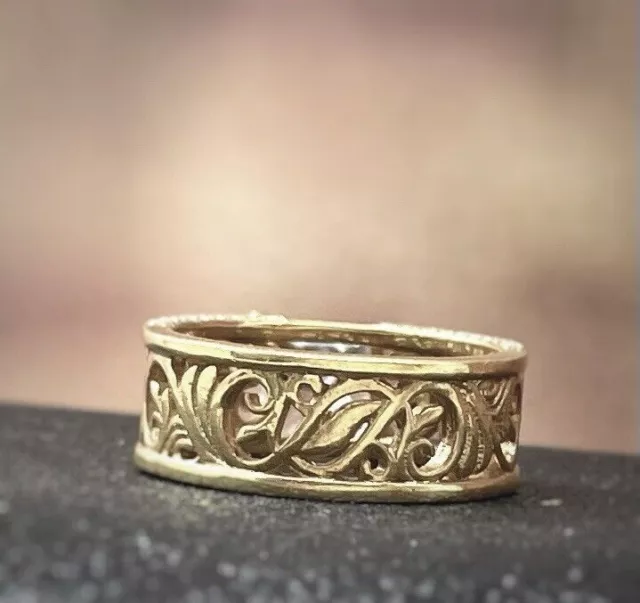 7 Mm 10k Solid Real Gold Filigree Lace Ring Minimalist Wedding Band Cadeau... 3