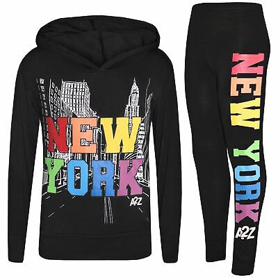 Kids Girls Crop & Legging New York Print Black Hooded Top Bottom Outfit Sets