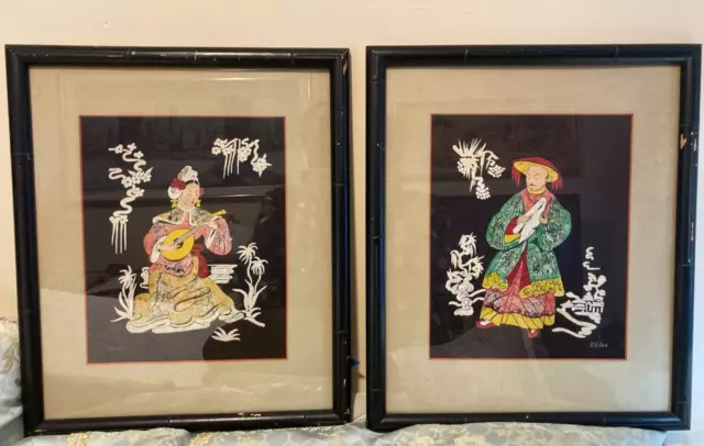 Vtg Pair Asian Chinese Water Color Paintings on Silk Emperor & Empress Signed 2