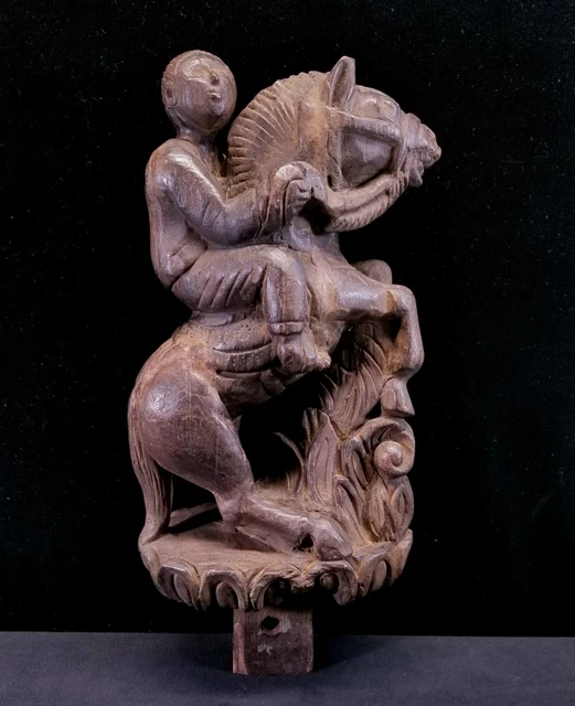 Antique Asian Hand Carved Hard Wood Rearing Horse & Rider Burma Myanmar 15" Tall