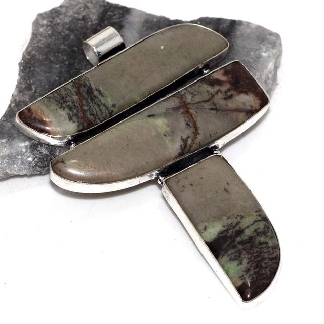 925 Silver Plated-Picasso Jasper Ethnic Gemstone Long Pendant Jewelry 3.3" JW