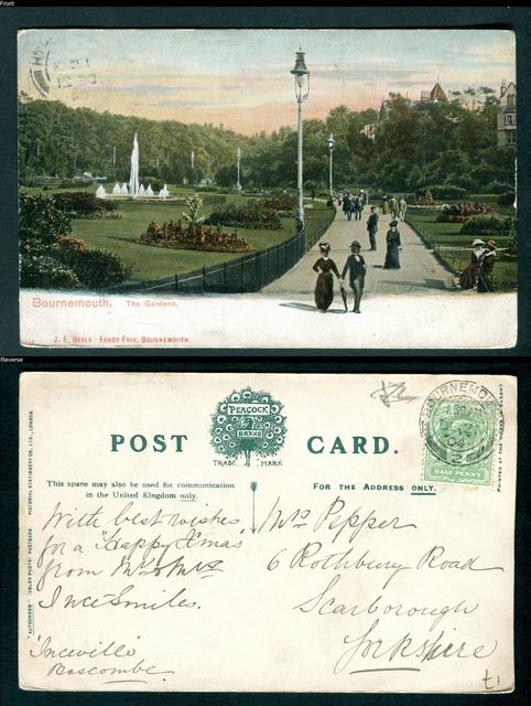 Bournemouth - The Gardens. 1904 postmark. JE Beale Fancy Fair. Peacock postcard