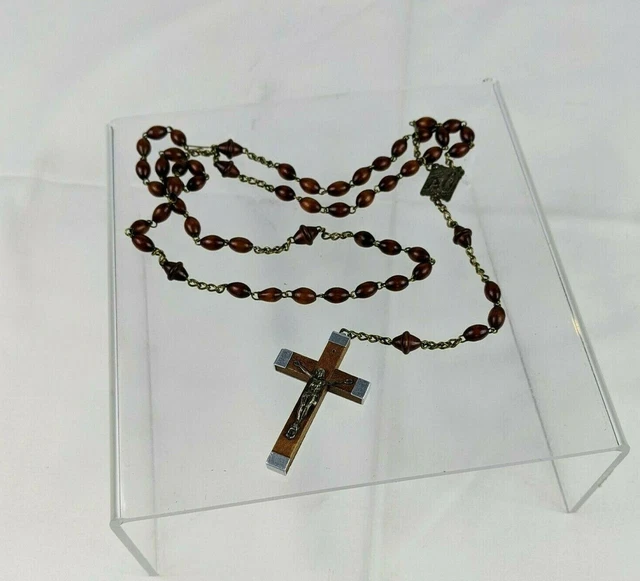 Wood Rosary Silver Tone Lourdes Wood Inlay Crucifix France Beads Religion Craft