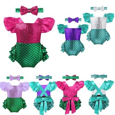 Baby Girls Mermaid Costume Romper Bodysuit Shiny Jumpsuit Headband Party Outfits