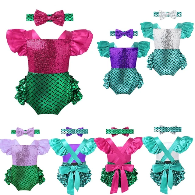 Baby Girls Mermaid Costume Romper Bodysuit Shiny Jumpsuit Headband Party Outfits