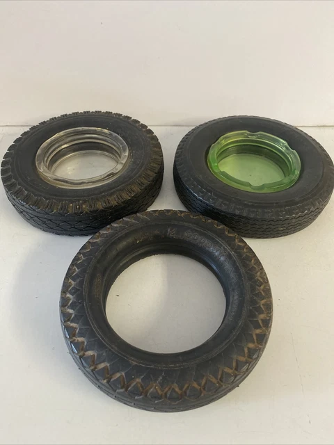 3 Vintage Good Year Ashtrays Advertising Rubber Tire, One Missing Glass Tray