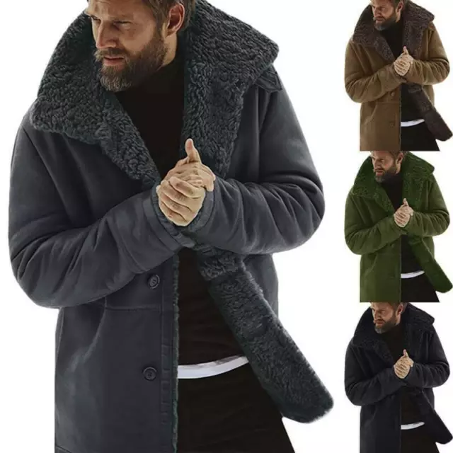 Mens Winter Lapel Thick Outwear Warm Trench Coat Fleece Fur Lined Jacket Parka