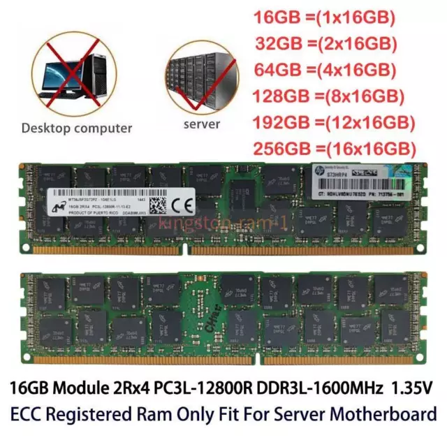Lote de memoria de servidor Micron 16 GB DDR3-1600 MHz PC3L-12800R 2Rx4 RDIMM REG ECC 1,35 V