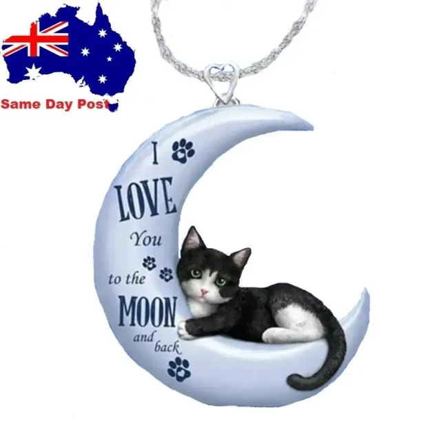 Cute Cat Kitten Pendant Chain Charm "I Love You To The Moon And Back" Chain