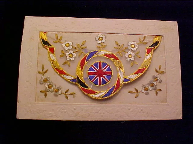 WWI France Embroidered Silk Military Patriotic Postcard w/BRITISH CREST, SHIELD