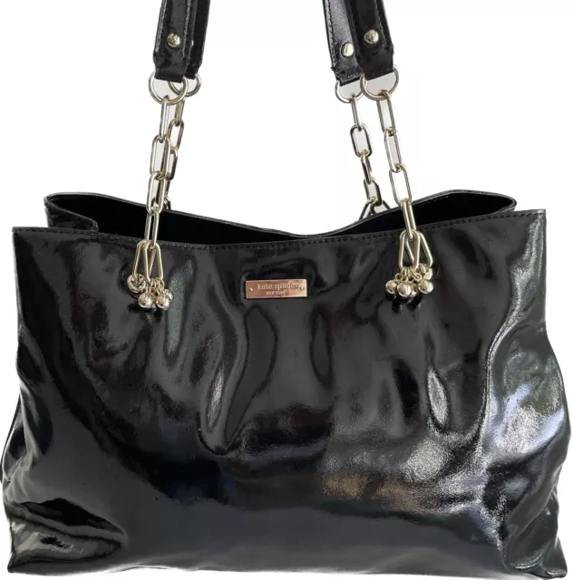 Kate Spade New York Black Patent Leather Purse Tote Bag Gold Chains With Dustbag
