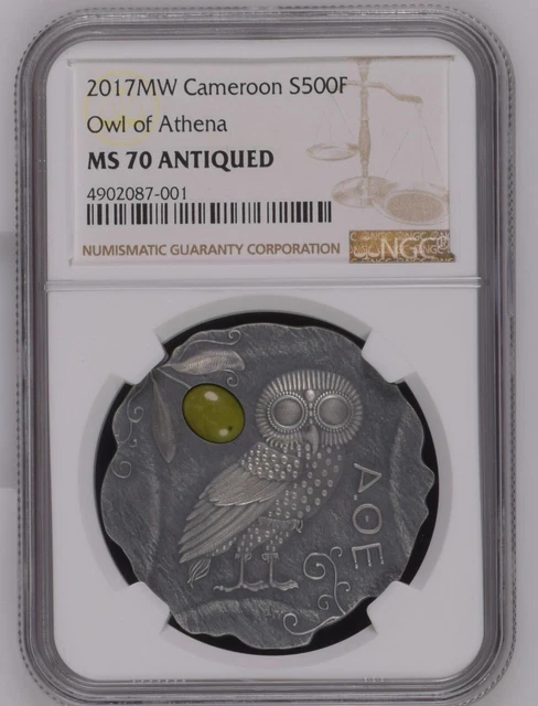 NGC MS70 Cameroon 2017 Owl of Athena Silver Coin 16.55g S500F COA