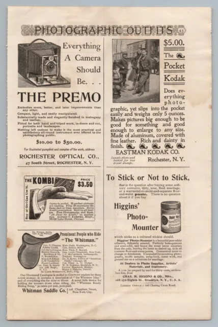 1890s-1910s Print Ad Camera Knife Photograph Premo, Kodak, Maher Grosh, Dunlop