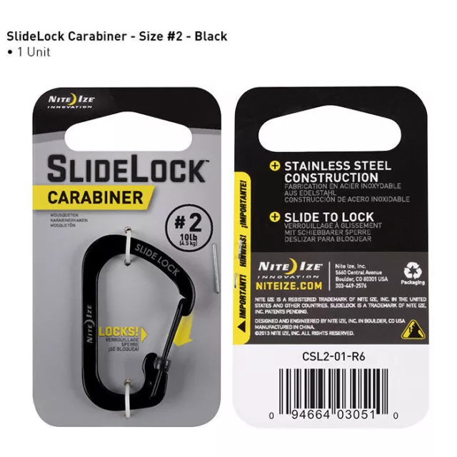 NiteIze SlideLock Carabiner Stainless Steel #2 CSL2-01-R6 Black NEW