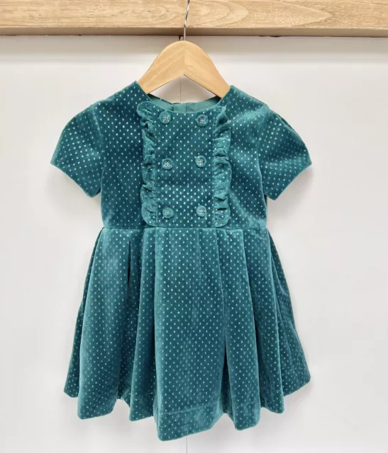 Mayoral Velvet Dress 3T Green Blue Christmas Metallic Dots Pleated Girl Toddler