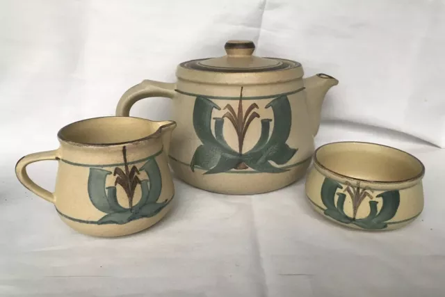 Vintage1970s Honiton Studio Pottery H/Painted Teapot/Milk Jug/Sugar Bowl Signed