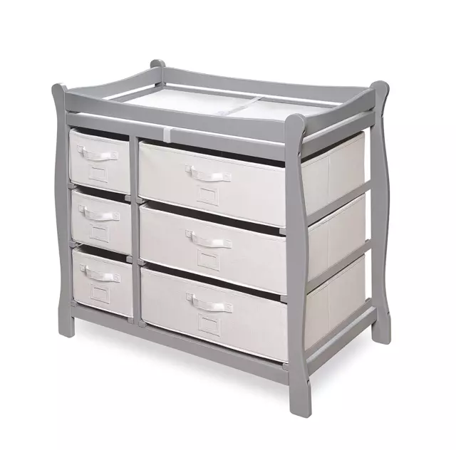 Sleigh Style Baby Changing Table with 6 Storage Drawers and Pad - Gray