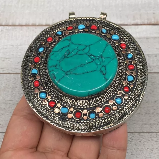 Afghan Turkmen Tribal Green Turquoise Inlay Round Kuchi Pendant Statement, AP106