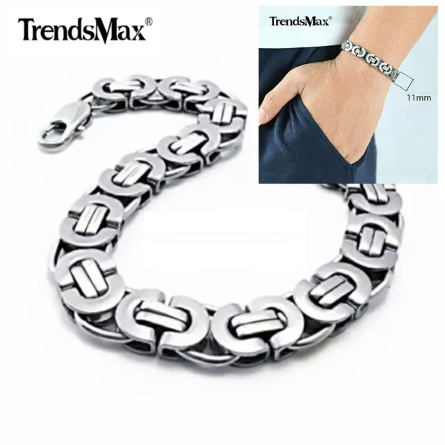 11mm Heavy Silver Flat Byzantine Stainless Steel Chain Bracelet Men's Link 8.5"