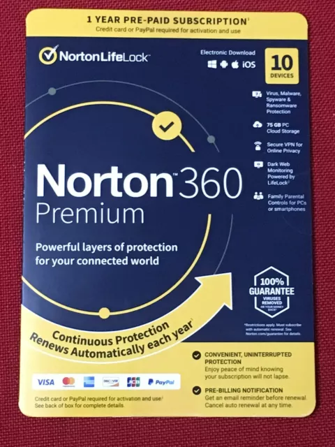 Norton 360 Premium 2024, 10 Devices (PC Mac Android iOS) 1 Year, Sealed Key Card