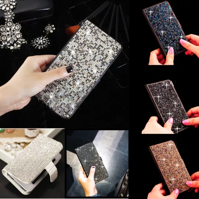 Women's Luxury Diamond Flip Leather Bling Glitter Wallet Case Stand Holder Cover