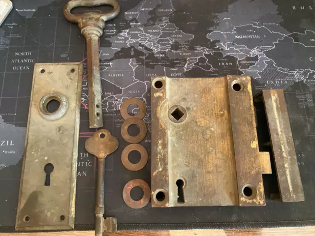 Antique brass mortise door lock with key, back plate and striker - Salvaged
