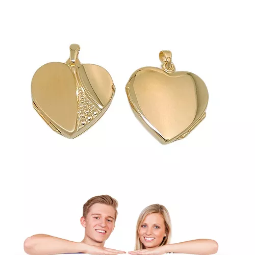 Damen Design Foto Herz Medaillon Echt Gold 333 8KT Amulett mit vergoldeter Kette