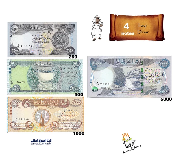 Iraqi Dinar; 4 Notes; 1x250, 1x500, 1x1000, 1x5000, *New Security; UNC;