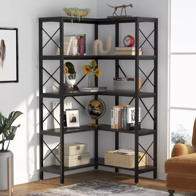 Tribesigns 5-Shelf Corner Bookshelf, Large Modern Corner Bookcase(Black)