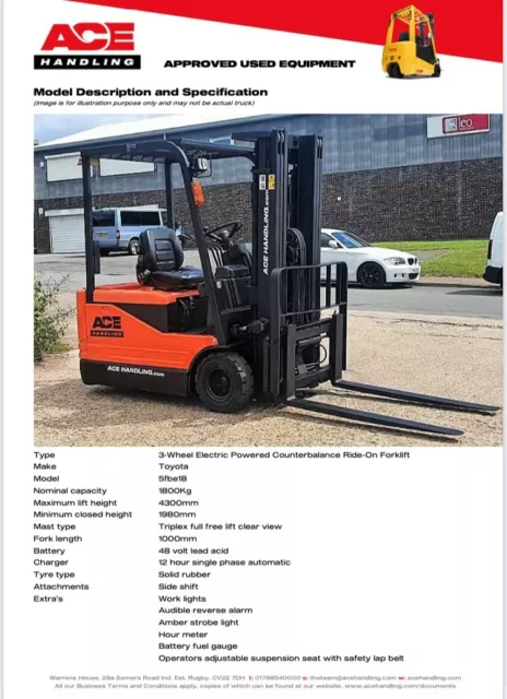 Toyota 5FBE18 3W Container Spec Forklift Hire-£47.50pw Buy-£6750 HP-£33.71pw