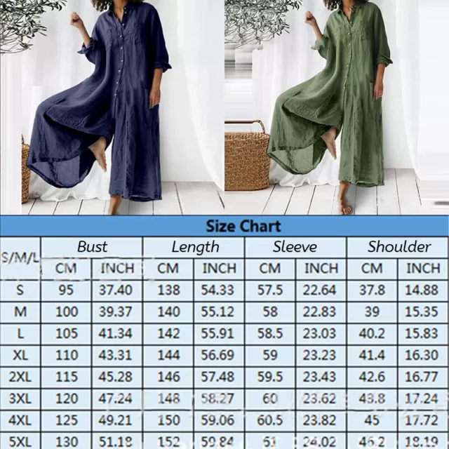 Womens Loose Cotton Linen Jumpsuit Wide Leg Long Dungarees Casual Playsuit Shirt 3