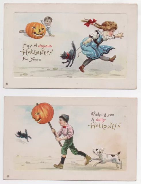 Two  Embossed 1910 Halloween Postcards of Children with Pumpkins & Black Cats