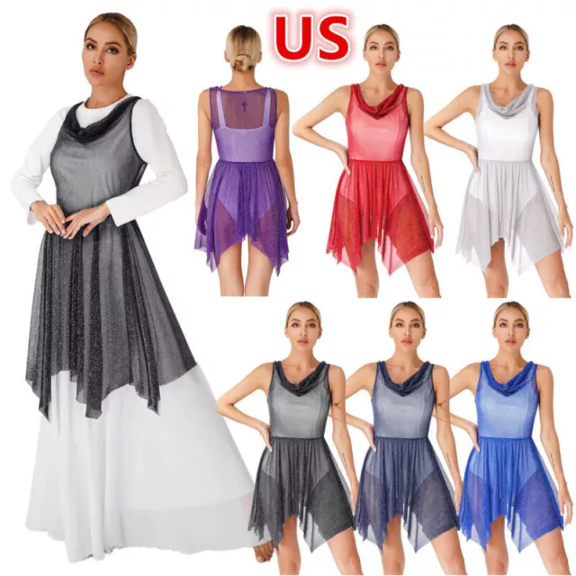 US Women's Modern Lyrical Dance Costume See-Through Contemporary Dancing Dress