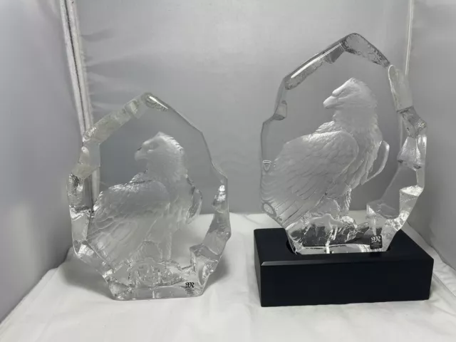 Pair Of BALD EAGLE BY MATS JONASSON Full Lead Crystal Sculpture Sweden One Stand