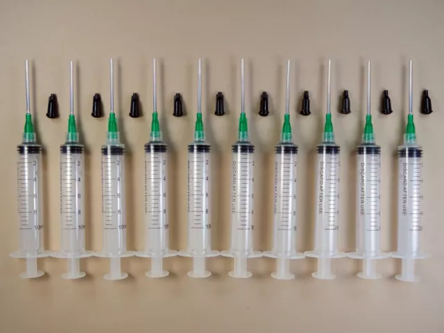10 Syringes 10ml w 14 Gauge Tips 1.5" Caps Dispense E6000 Adhesive Glue Gel LL14