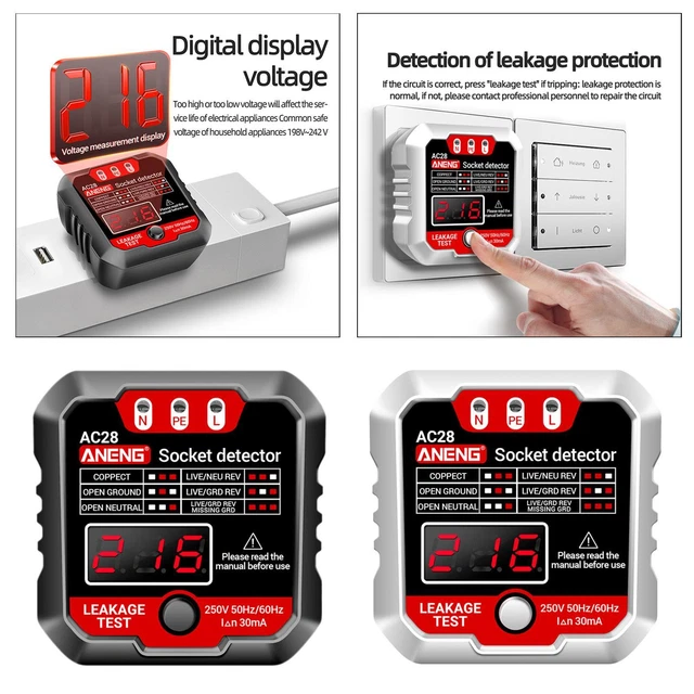 Testeur De Prise électrique Numérique - Détecte 8 Conditions De Câblage, Test RCD, écran LCD, 0.1V-250V/40-1KHz