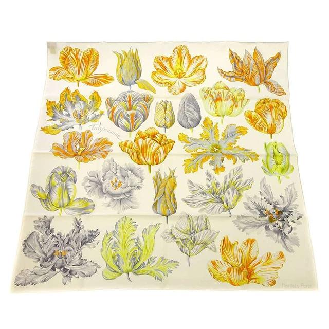 HERMES Scarf Carre 90 Tulipomanie 100% Silk White Orange Multi w/Box R4011
