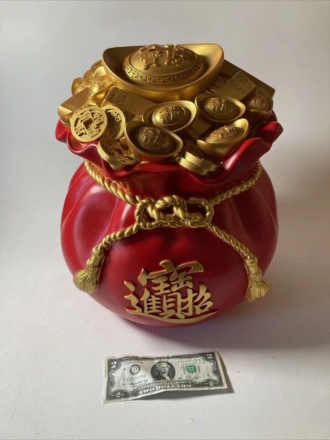 Chinese Fortune Golden Treasure Basin Statue Coin Bank Ingot Money Bag Figurine