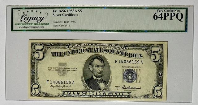 UNITED STATES 1953 A $5 Silver Certificate. FR#: 1656. Legacy Graded: 64 PPQ.