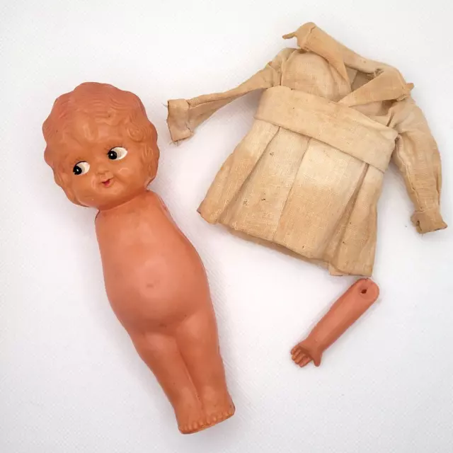 6" Celluloid Kewpie Doll w Dress Strung Arms Japan Wavy Molded Hair Vintage READ