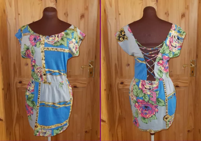 MOTEL ROCKS blue green yellow black floral chain mini lace-up dress BNWT S 8-10